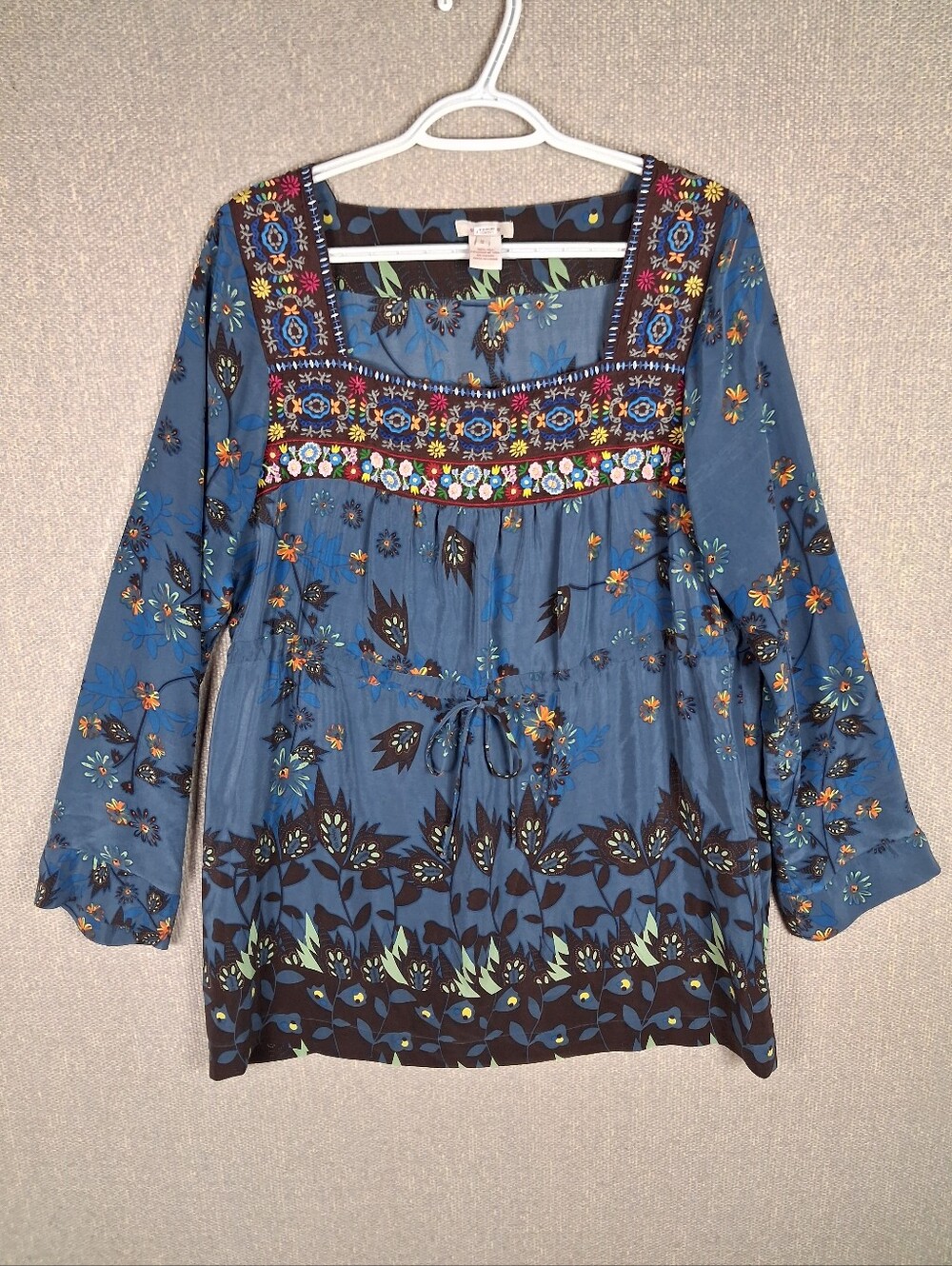 Sundance Catalog Tunic Top Womens Small Silk Embroidered Boho Floral Drawstring